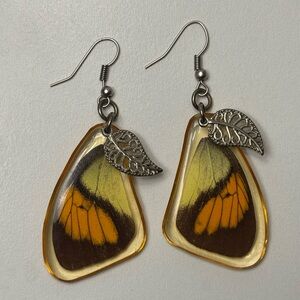 Butterfly Wing Earrings with Leaf Charm